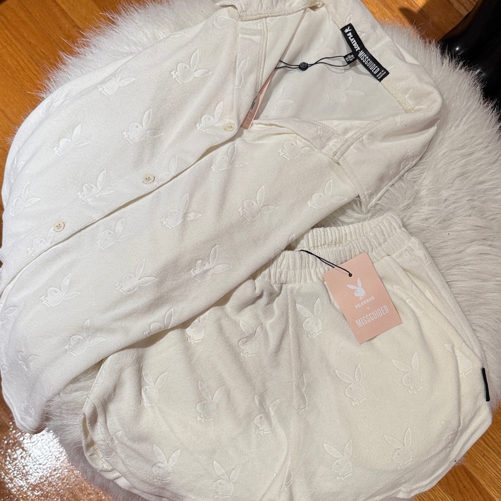 Playboy Missguided 2021 Playboy Terry Set XS 0 NEW Button Up Shirt and Shorts